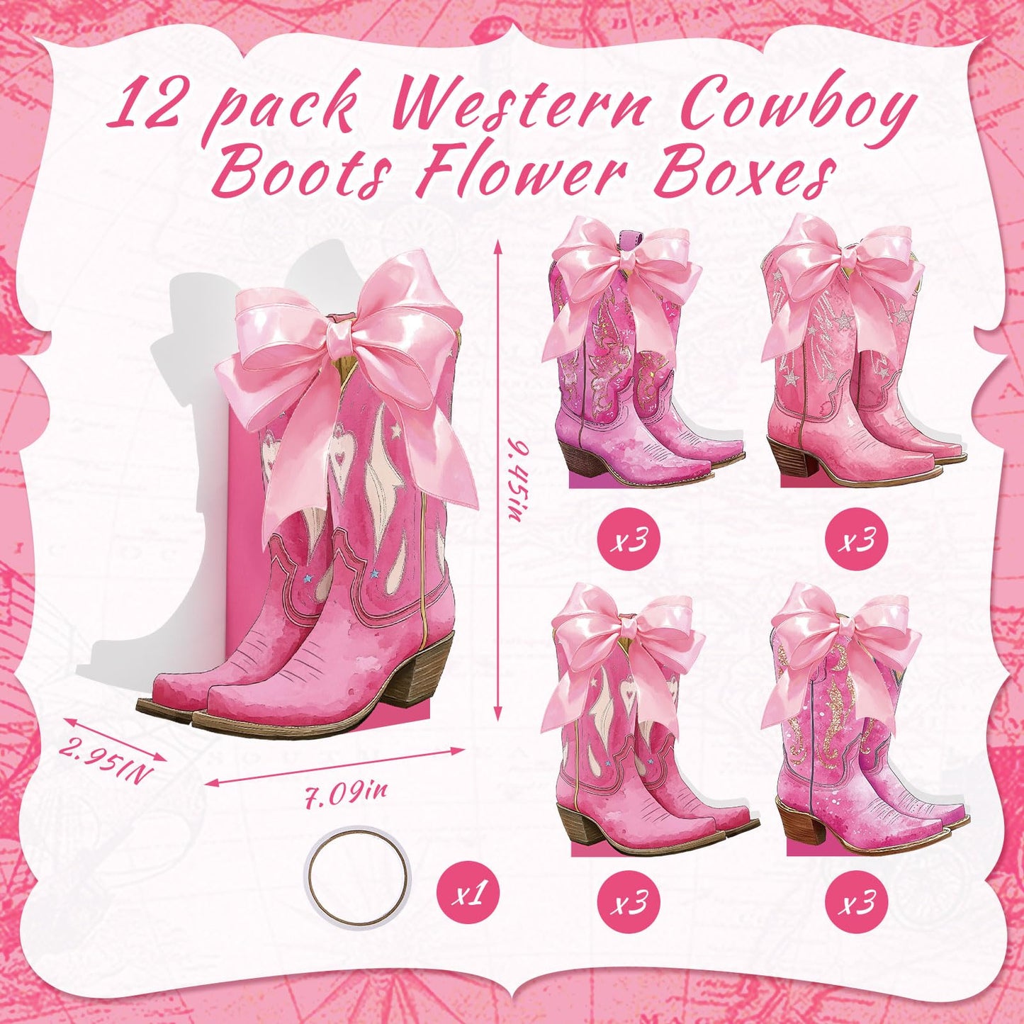 Memorywuu 12 Set Pink Western Cowgirl Bow Boots Flower Boxes