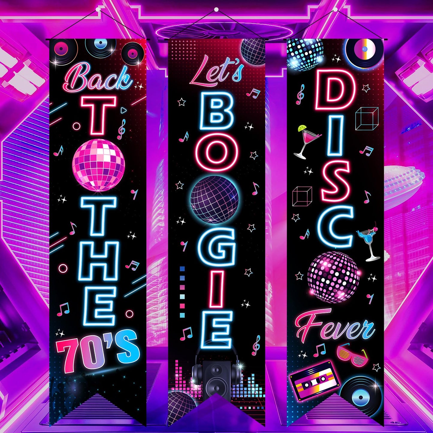 3Pcs 70s Party Decorations Back to The 70's Banner Let's Boogie Porch