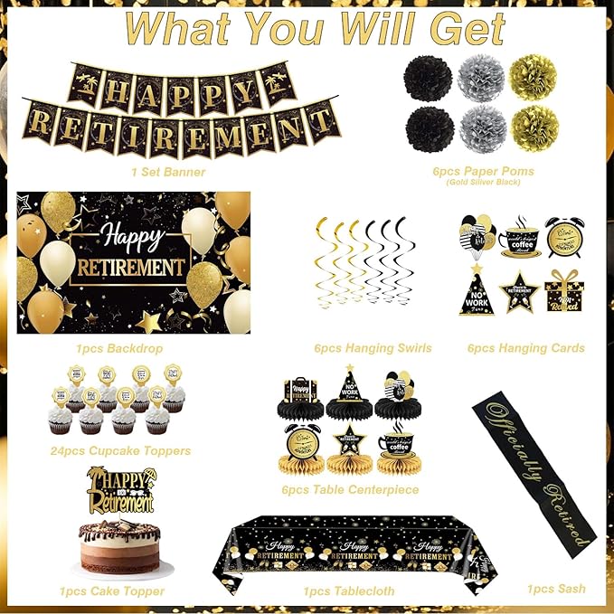 Retirement Party Decorations Includes Banner, Backdrop, Cake Topper,