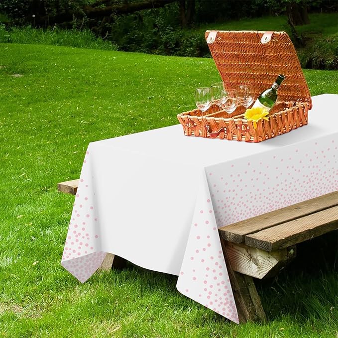 QIKSION 6 Pack White and Pink Dot Plastic Tablecloth, Waterproof