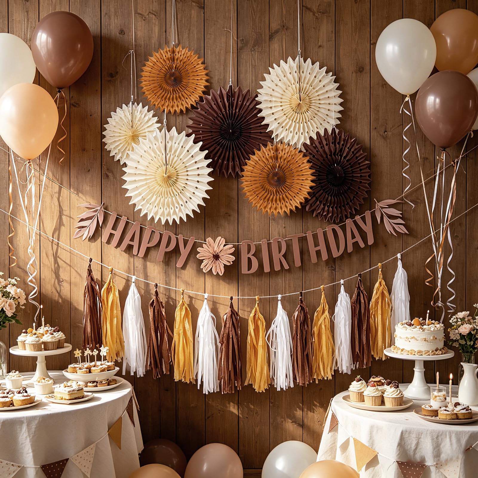 Brown Birthday Party Decorations for Women Neutral Boho Happy Banner