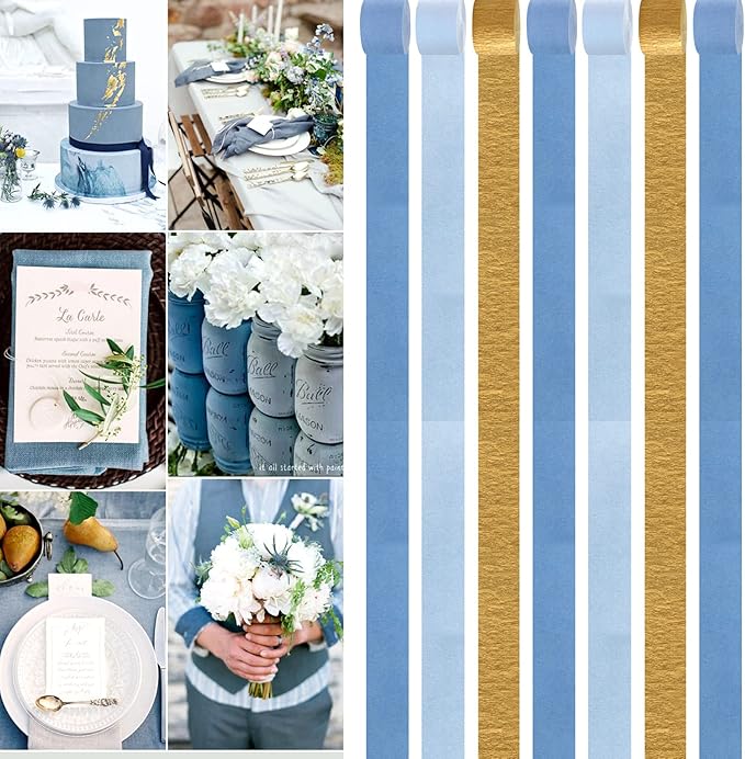 Light-Dusty Blue Gold Party-Decorations Streamers - 9 Rolls Birthday