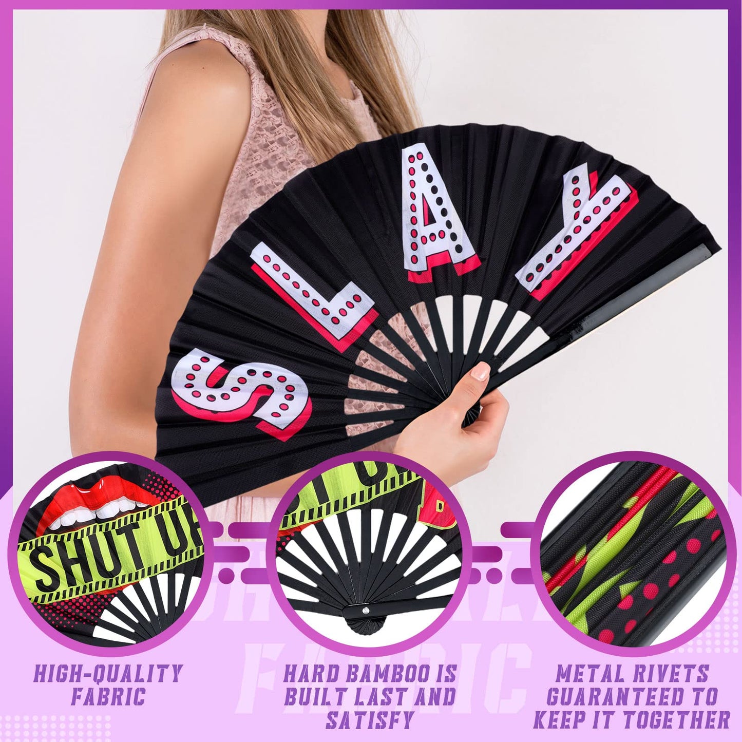FairySandy 6 Pcs Large Hand Fan Rave Iconic Shade Bye Folding Bamboo