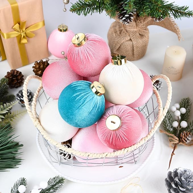 Velvet Christmas Ornaments Balls for Tree - 15pcs Pink & Teal