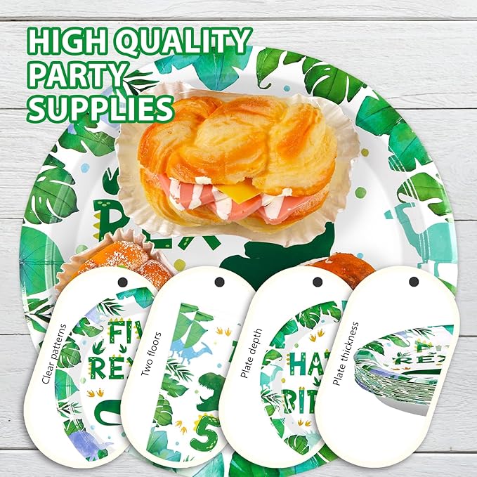 96 Pcs Dinosaur 5th Birthday Decorations Five Rex Plates and Napkins