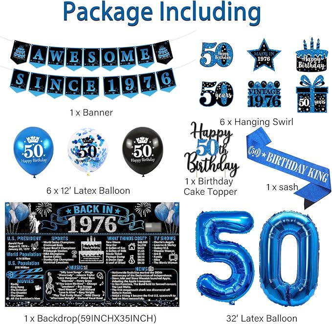 50th Birthday Decorations for Men Black Blue Back in 1976 Poster