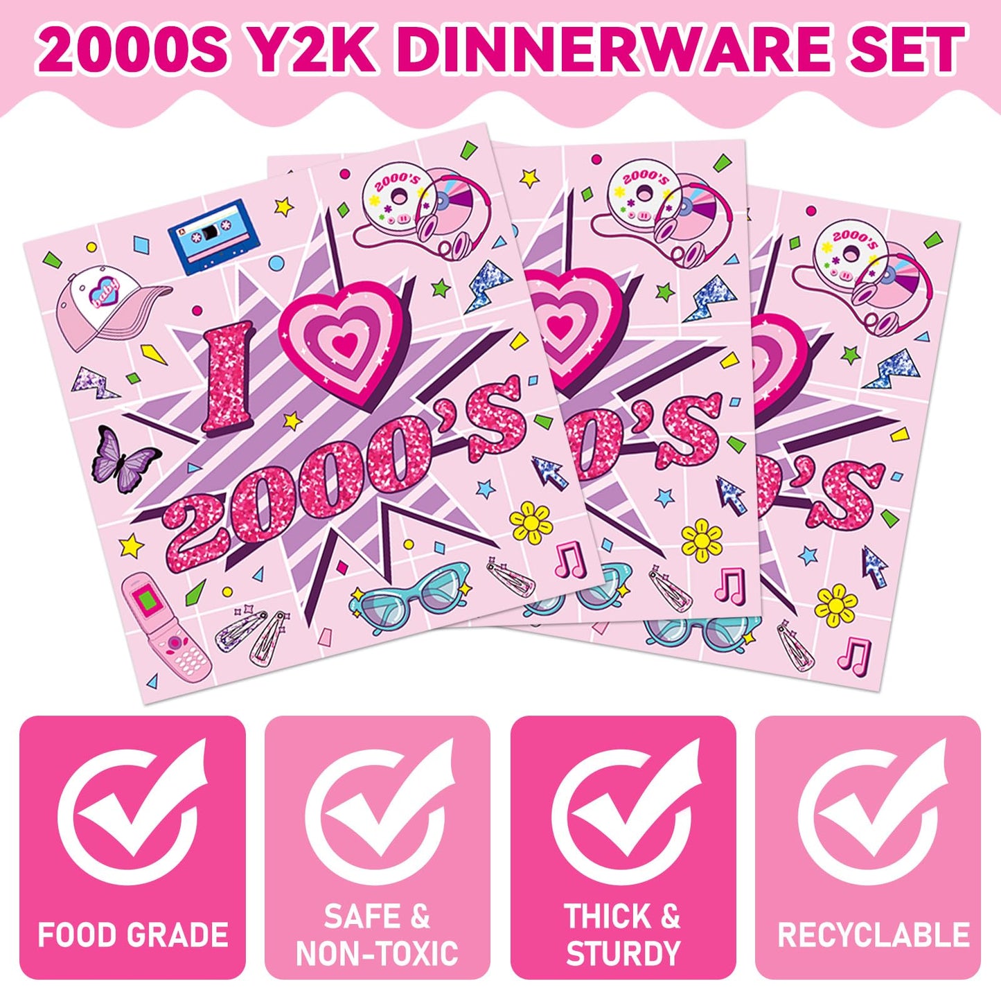 Qyeahkj 100Pcs 2000s Y2K Pink Decorations Party Supplies 90s Plates