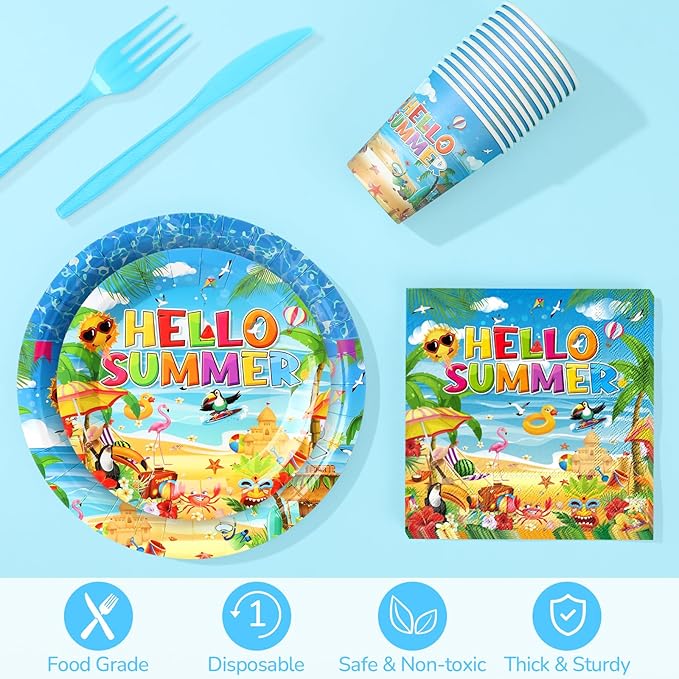 172 Pcs Summer Beach Party Supplies Serves 24 Pool Beach Tableware