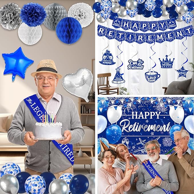 Happy Retirement Party Decorations for Men Women Blue Silver Happys