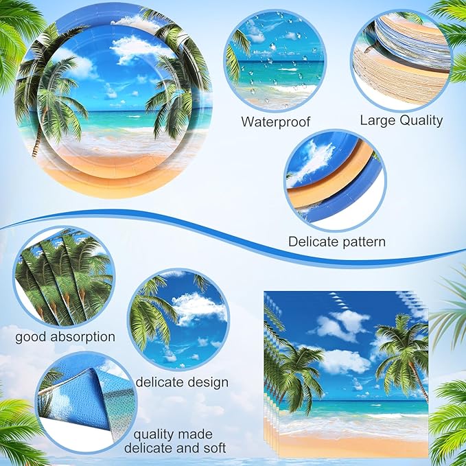 219 Pcs Beach Party Decorations Blue Summer Tropical Plate Napkin