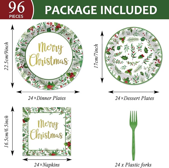 96PCS Christmas Paper Plates and Napkins Set Christmas Party