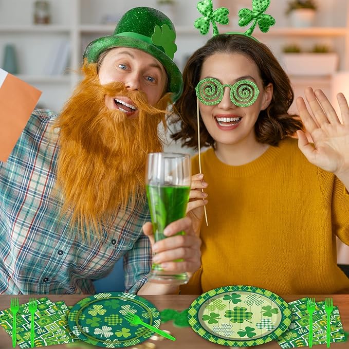 96 Pcs St Patrick's Day Tableware Set Lucky Green Shamrock Plates