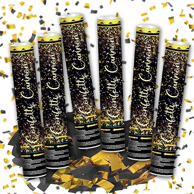 12" Black Gold Confetti Cannons Party Poppers for Birthday Graduation