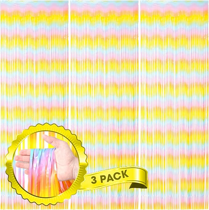 Voircoloria 3 Pack 3.3 x 8.2 ft Pastel Rainbow Foil Fringe Backdrop