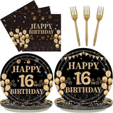 96PCS 16th Birthday Party Plates Set Black and Gold Theme Decorations