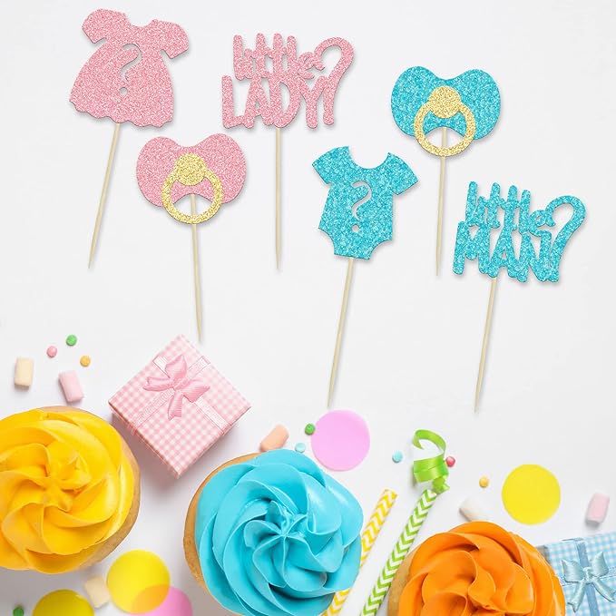 24Pcs Boy or Girl Cupcake Toppers Glitter Gender Reveal Onesie