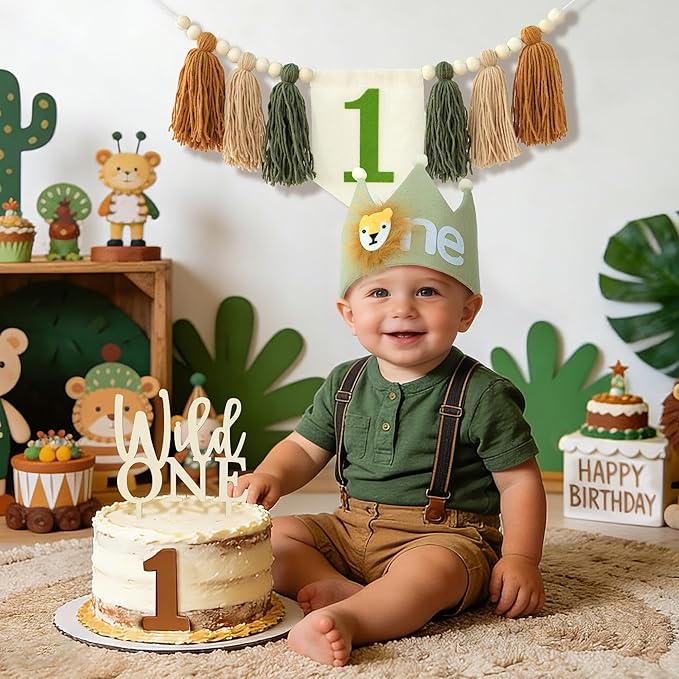 Wild One 1st Highchair Banner Wood Bead Tassel Garland Lion Crown