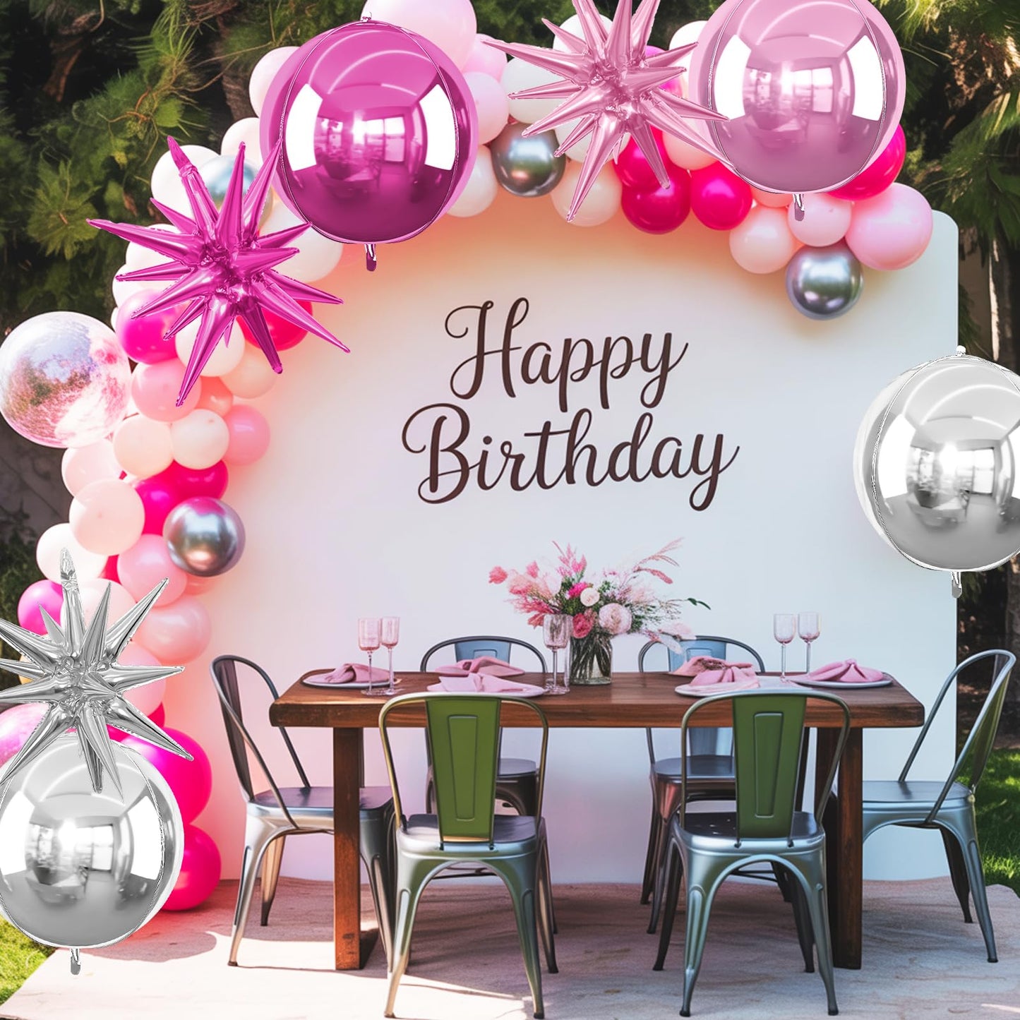 6Pcs Pink Silver Foil Balloons,22Inch Hot Pink Silver 4D Round Ball