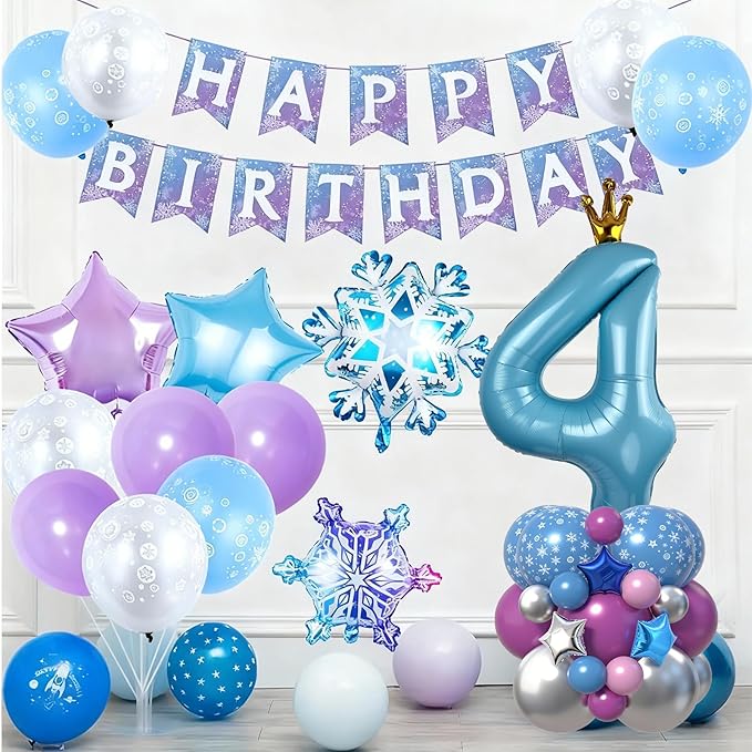 40 Inch Blue Number 4 Balloon Tower Set Winter Ice Princess Theme