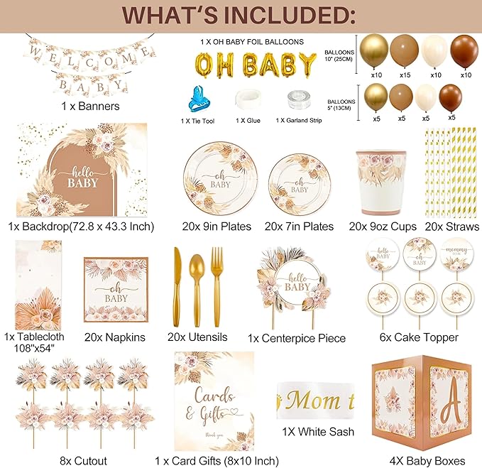 Mega 254 Pc Boho Baby Shower Decorations for Girl or Boy Neutral