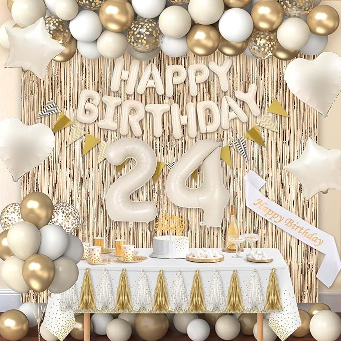 24th Birthday Decorations for Women, White and Gold 24 Boho Birthday