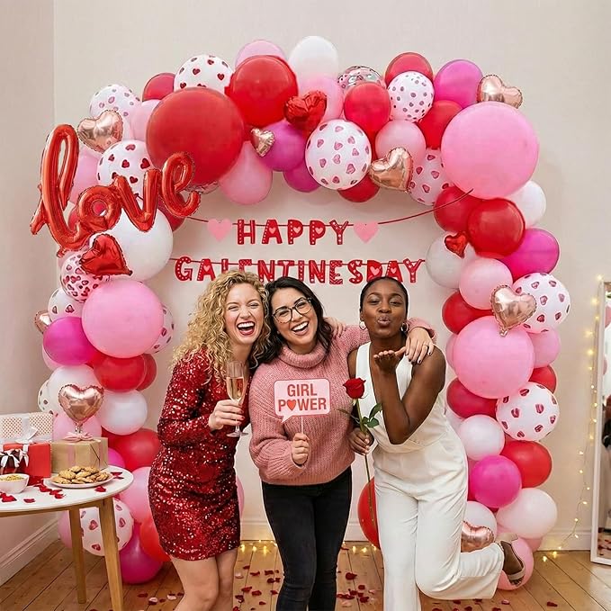 Valentines Day balloon garland arch kit with Banner red Hot pink and