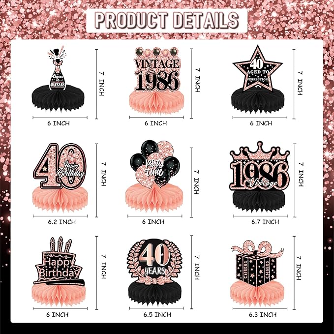 40th Birthday Decorations Women - 9pcs Pink Birthday Party