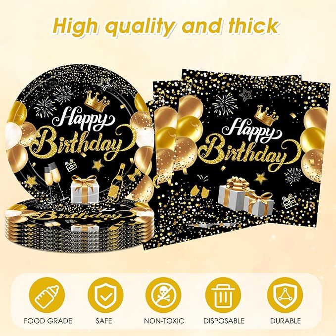 Black and Gold Party Decorations,41Pcs Happy Birthday Plates and