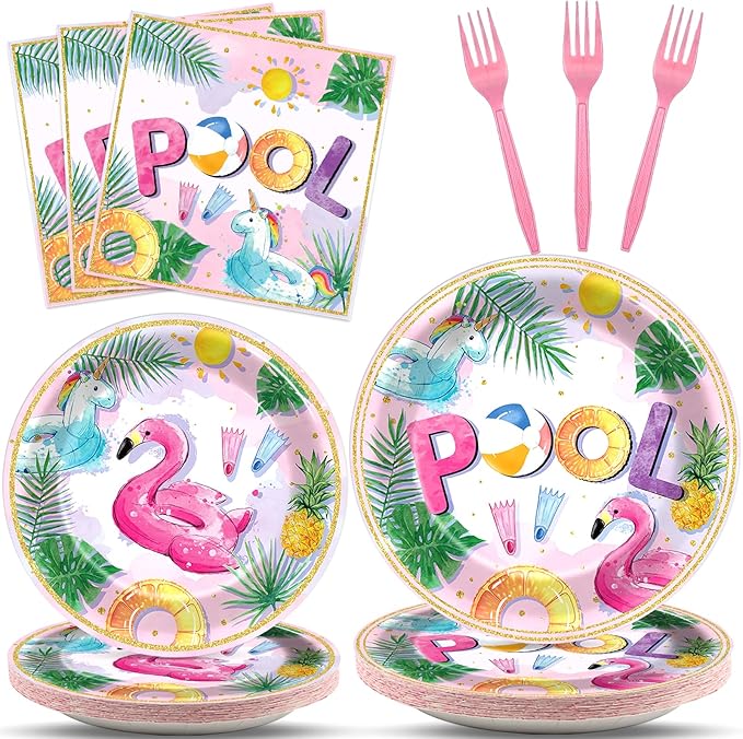 96Pcs Pink Pool Party Plates and Napkins Summer Beach Birthday Party