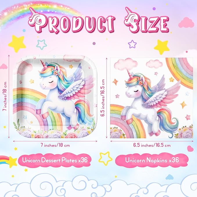 72 Pcs Unicorn Plates and Napkins Serve 36 7 Square Paper Dessert