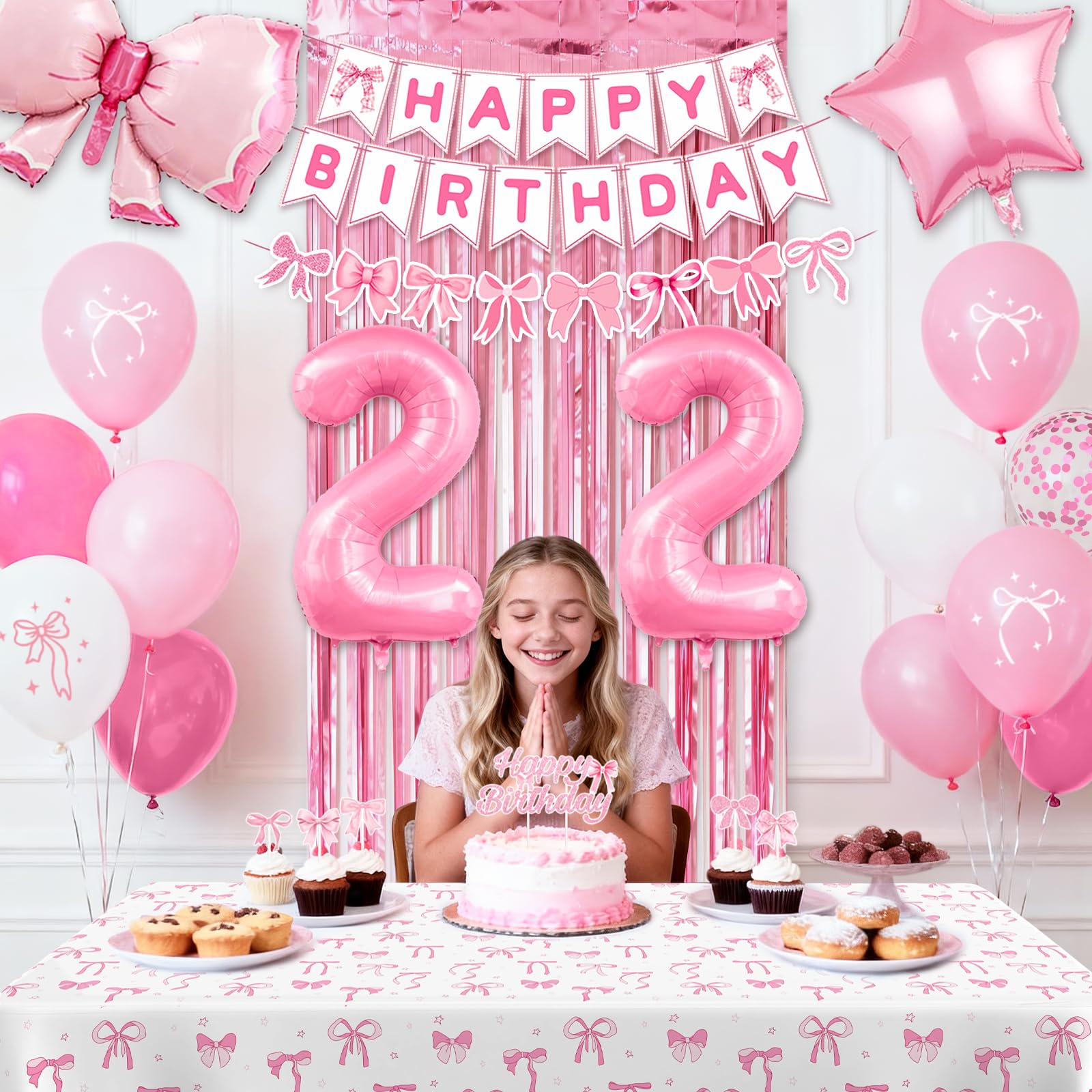 22nd Pink Birthday Decorations for Women, Pink Bow Coquette Birthday