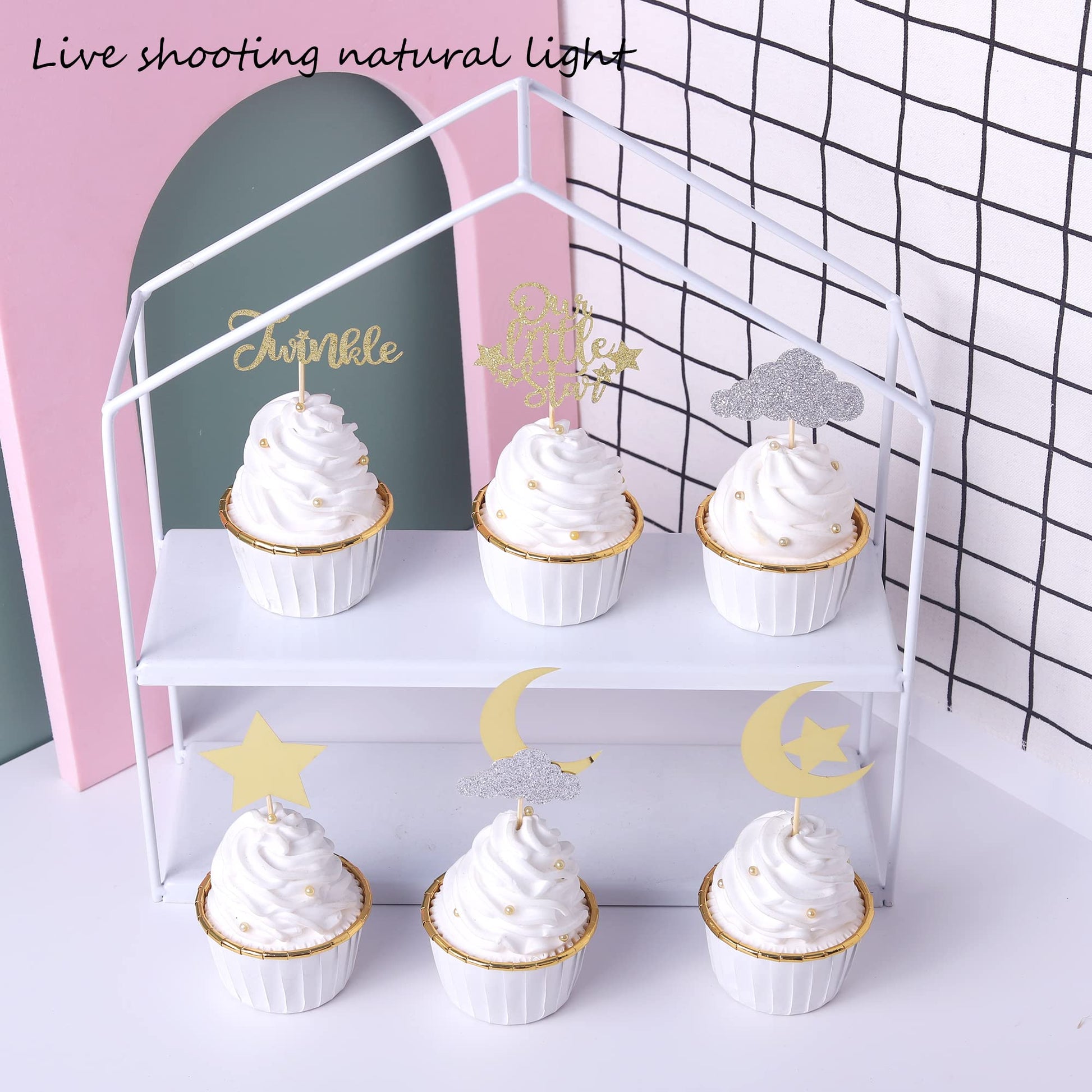24 Pack Little Star Cupcake Toppers Glitter Moon Cloud Cupcake Pi Gold