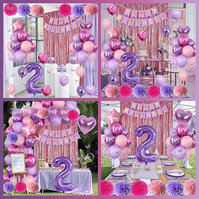 Pink Purple 2nd Birthday Party Decorations for Girls Number 2