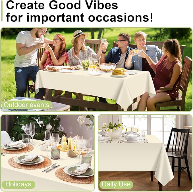 QIKSION Ivory Plastic Table Cloth Disposable 2 Pack, 54 x 108 Inch