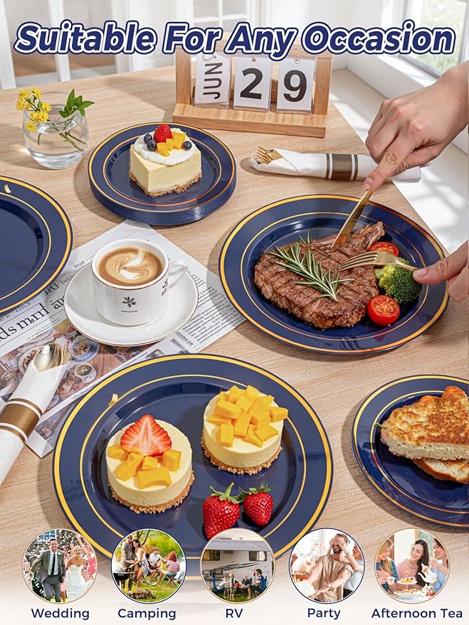 WDF Partyware 350PCS Navy Blue and Gold Plastic Plates with Rolled
