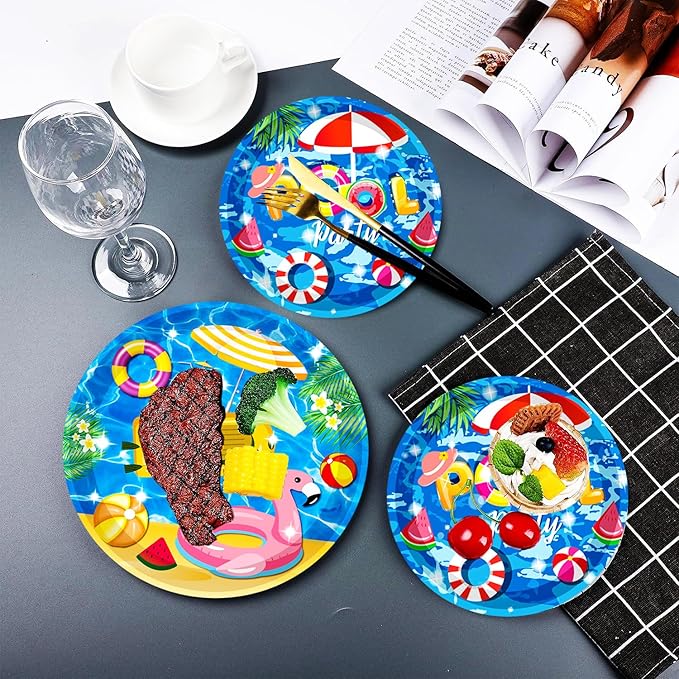150Pcs Pool Party Supplies Set 9 & 7 Plates Napkins Knives Forks