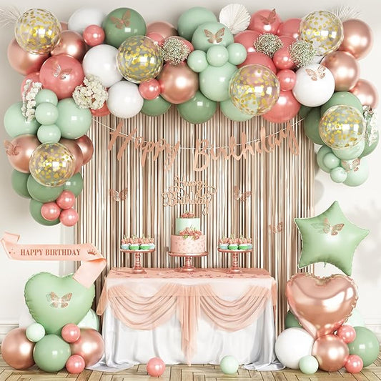 Sage Green and Rose Gold Birthday Party Decorations for Women Girls,
