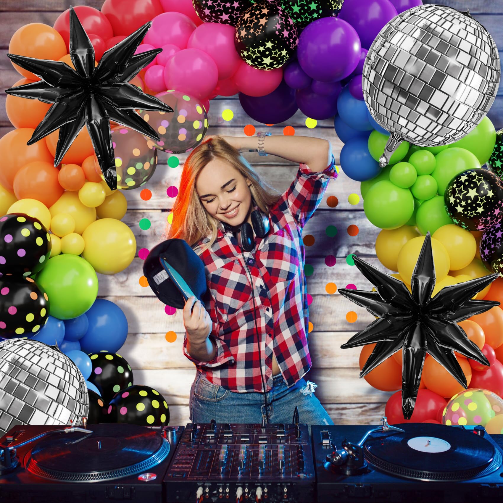 Amandir Glow in the Dark Party Decorations, 80S Disco Rainbow Balloon