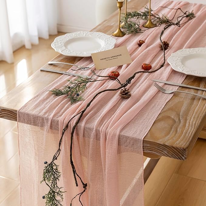 Keketoarrange Pink Cheesecloth Table Runner Easter Spring Boho Rustic