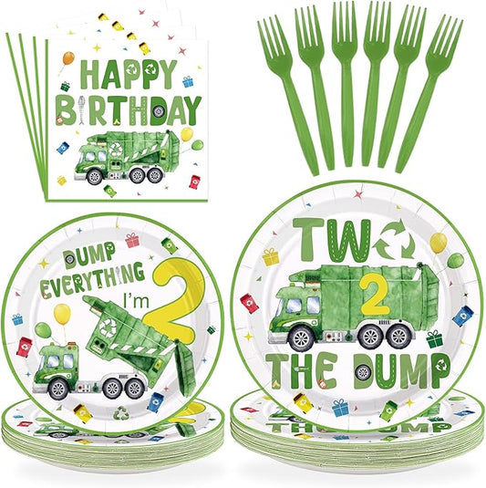 96Pcs Trash Truck 2nd Birthday Party Decoration Green Garbage Truck
