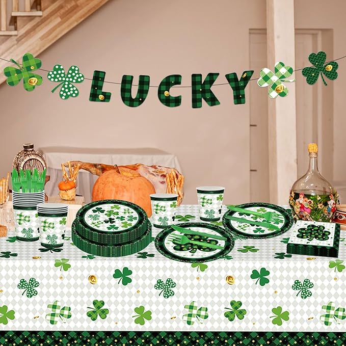 98PCS St Patrick's Day Party Supplies Green Irish Shamrock Tableware