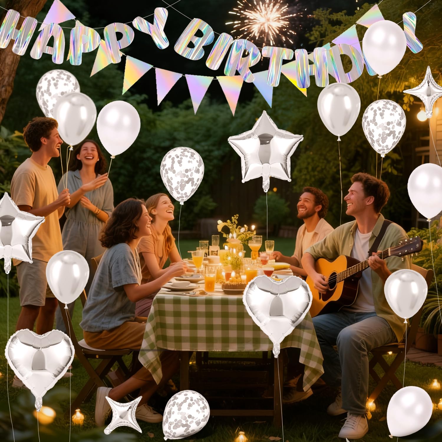 Silver Happy Birthday Decorations kit, Iridescent Happy Birthday