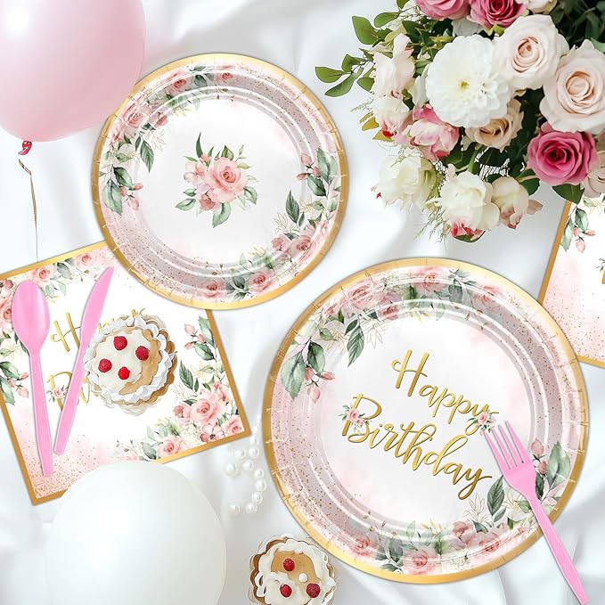 168 PCS Rose Gold Birthday Party Decorations Pink Floral Birthday