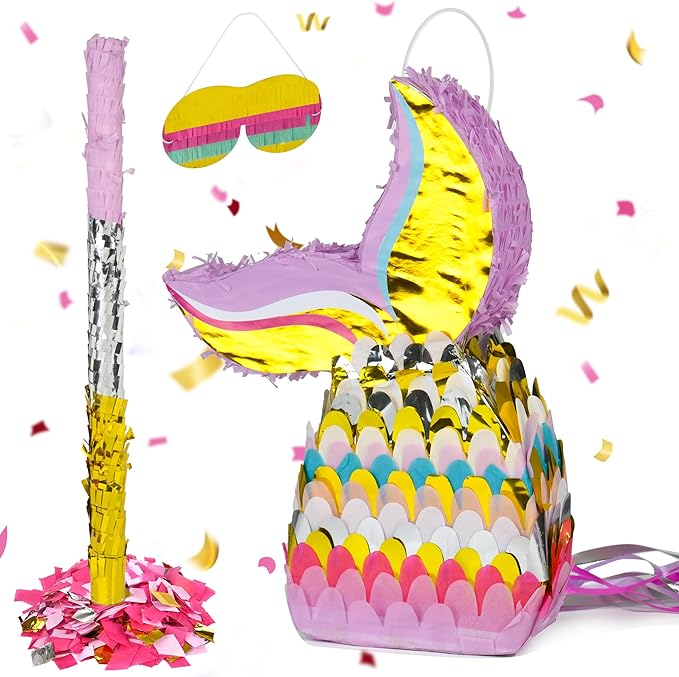 Small Mermaid Tail Pinata 16.5x12x3 Inches with a Blindfold a Bat