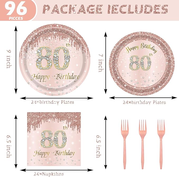 24 Sets 80th Rose Gold Birthday Party Decrations for Women 80