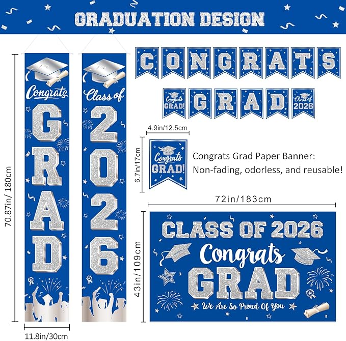 Graduation Decorations Class of 2026, Blue and Silver Graduation