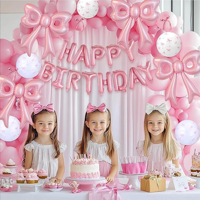 Bow Number 2 Birthday Balloons, 40” Pink Aluminum Foil Balloons Happy