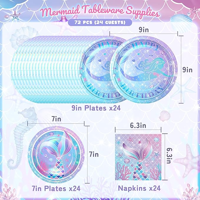 72PCS Mermaid Birthday Plates and Napkins Set of 24 Disposable Paper