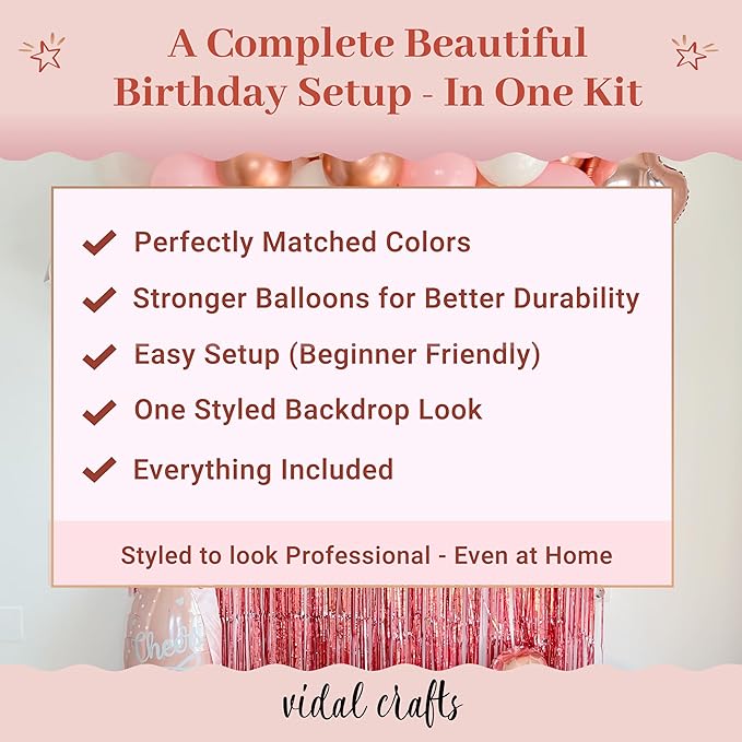 VIDAL CRAFTS 71 Piece Rose Gold Birthday Decorations for Women Party