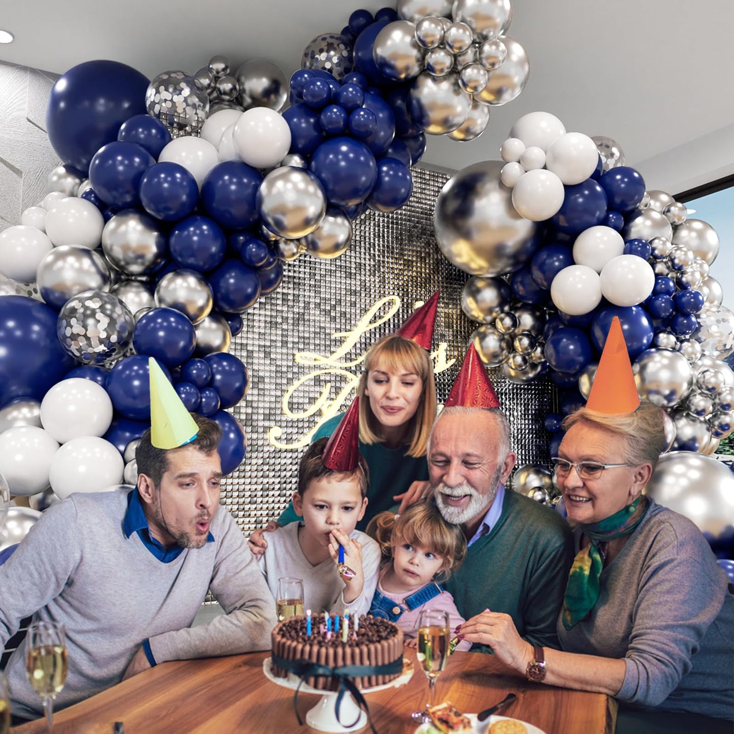 Navy Blue and Silver Balloon Garland Arch Kit, Royal Blue Metallic
